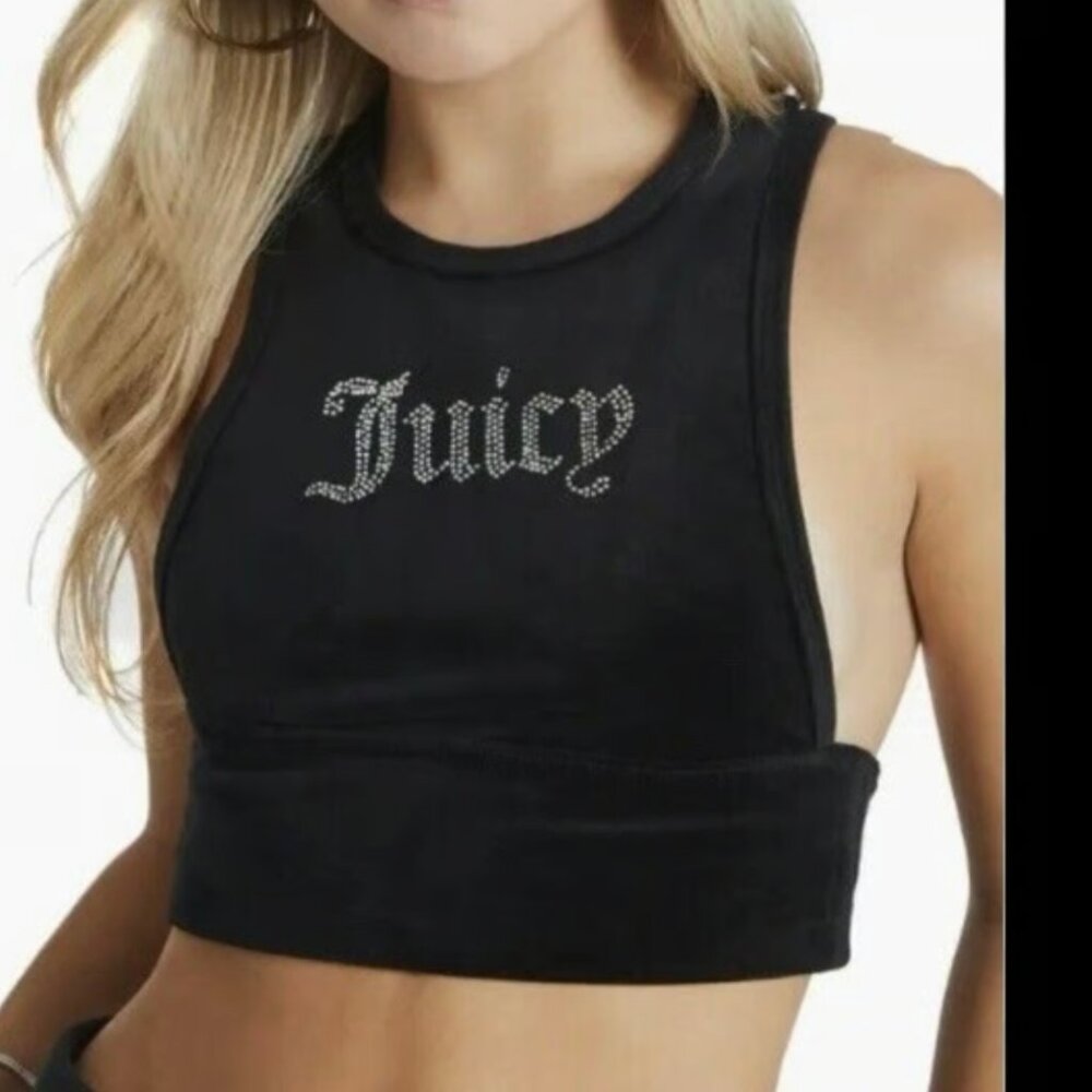 Juicy Couture Women’s Black Cropped Velour bralette Bling Y2K XLarge